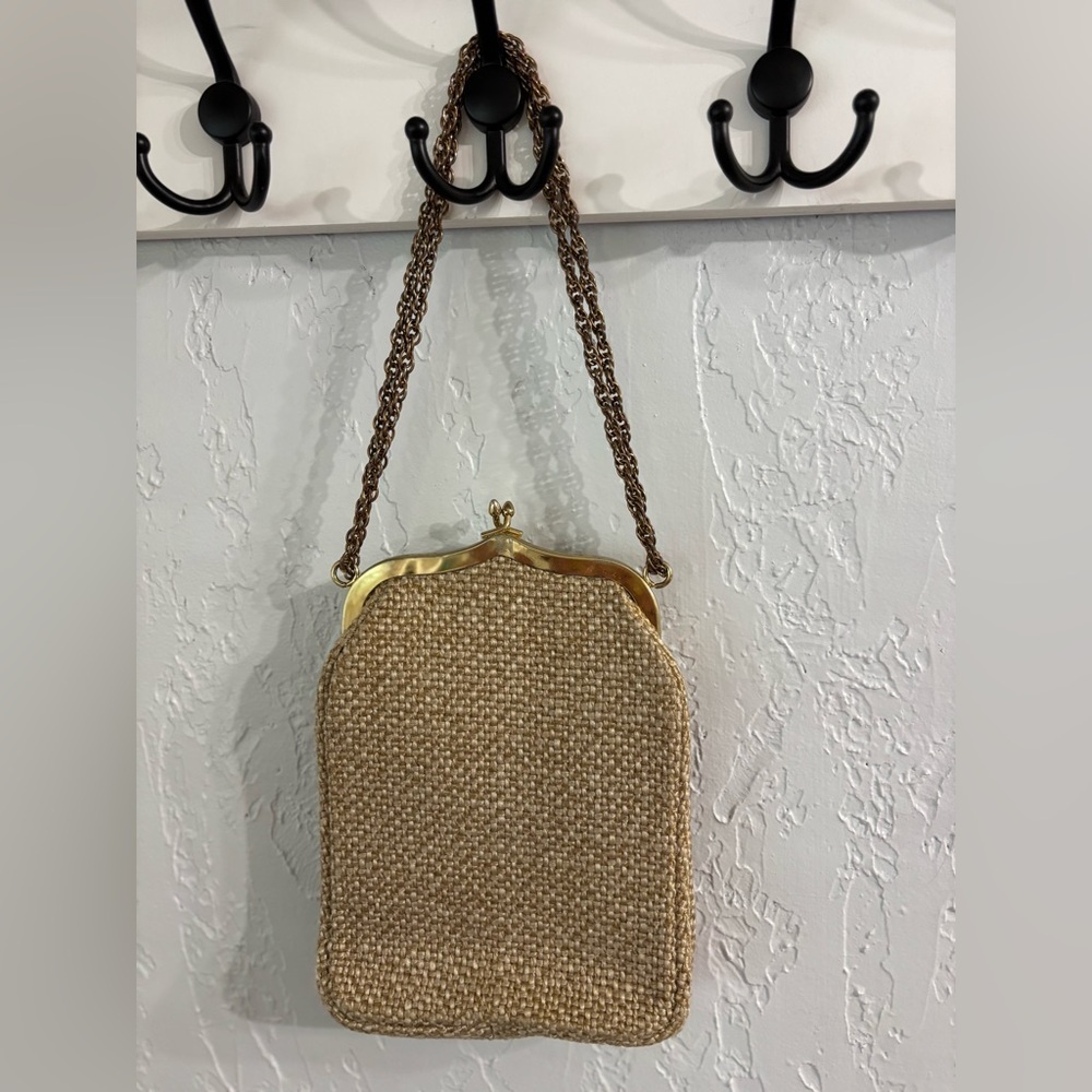 Vintage Woven Burlap Natural Pouch Bag Purse with Gold-Tone Frame and Chain